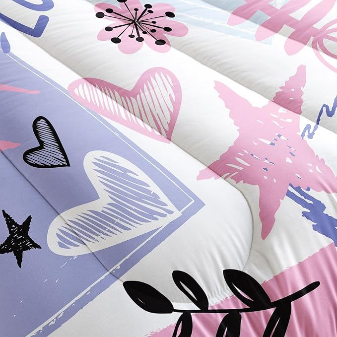 Kids Comforter Set Cute Doodles Printed Pattern Bedding Set with 1 Comforter and 2 Pillowcases for Girls Boys Bedroom All Season(Cute Doodles Queen)