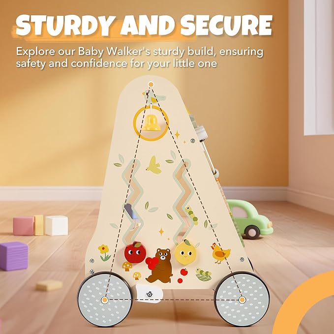 Wooden Baby Push Walker, Baby Walker with Activity Center for Girls Boys, Montessori Sensory Push Toys for Babies Learning to Walk & Sit-to-Stand