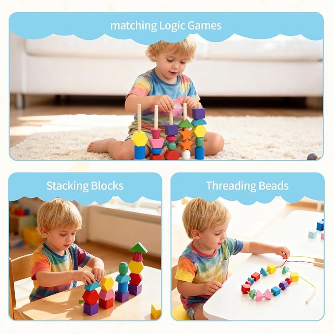 Montessori Toys for 2 3 4 Year Old, Wooden Beads Sequencing & Stacking Toy Set, Lacing Beads and Matching Shape Stacker, STEM Preschool Learning Toy Birthday Gift