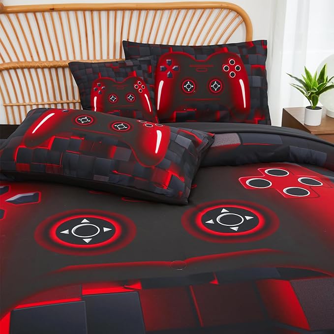 PERFEMET 6-Piece Boys Comforter Set Queen Size Game Console Bedding Set for Kids Teen 3D Black and Red Gamepad Gaming Bed in a Bag Matching Sheet Set(Red, Queen)