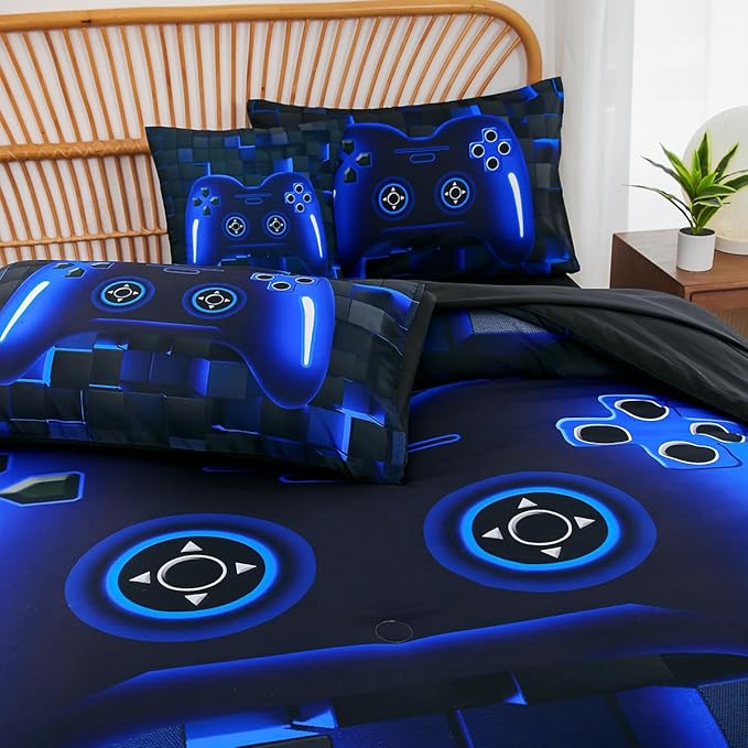 PERFEMET 6 Pieces Gamer Comforter Sets Kids Queen Size Blue Gamer Comforter Bed in A Bag for Boys Teen 3D Cool Video Gaming Black Bedding Set(Blue, Queen)