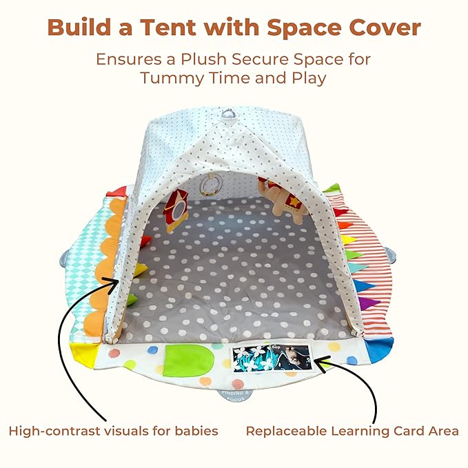 Kizfarm Baby Play Gym Mat, 5 Developmental Zones Wooden Tummy Time Mat, Baby Activity Mat for Floor with 5 Detachable Sensory Toys, Stage-Based Development from Infant to Toddler, Baby Essentials Gift