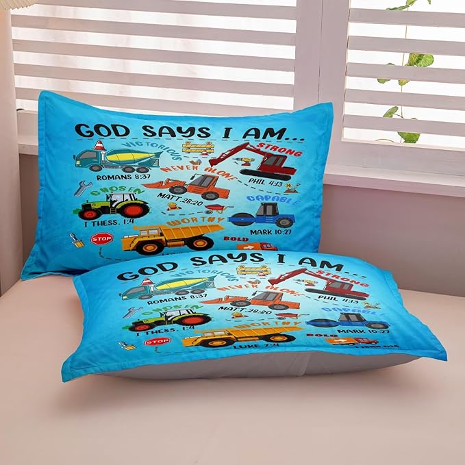 Boys Construction Vehicles Truck Comforter Set Twin,Christian Kids God Says I Am Construction Bedding Set,Car Excavator Tractor Bedroom Set(1 Comforter 2 Pillowcase) Blue