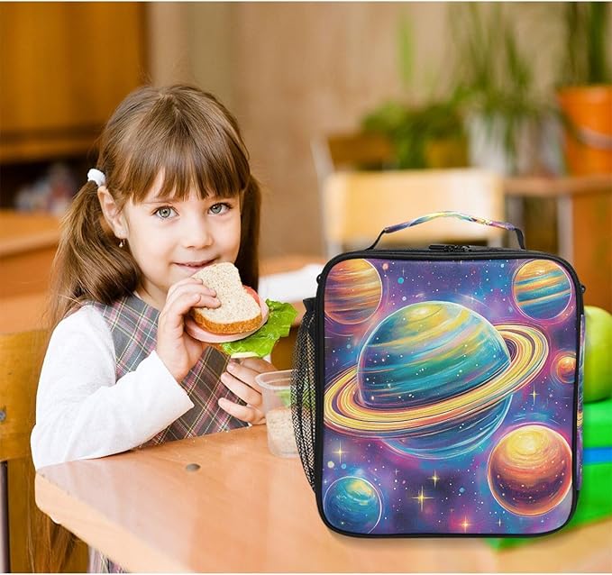 Kids Lunch Box Colorful Planets Stars Insulated Lunch Bags Boys Girls with Adjustable Strap Cooler Meal Box School Office
