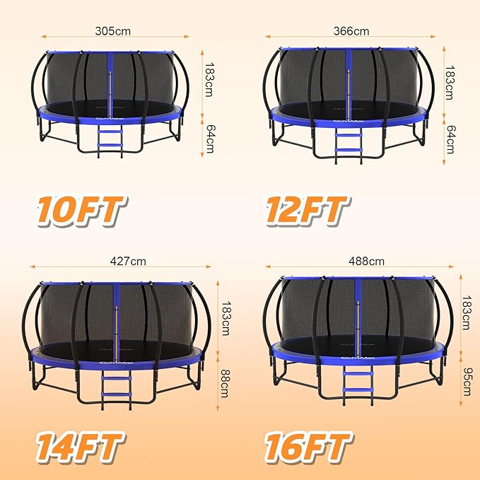 14FT 12FT 10FT 16FT Trampoline with Safety Enclosure, Anti-Rust Coating – ASTM Certified, Heavy-Duty Outdoor Trampoline with Ladder – for Kids & Adults