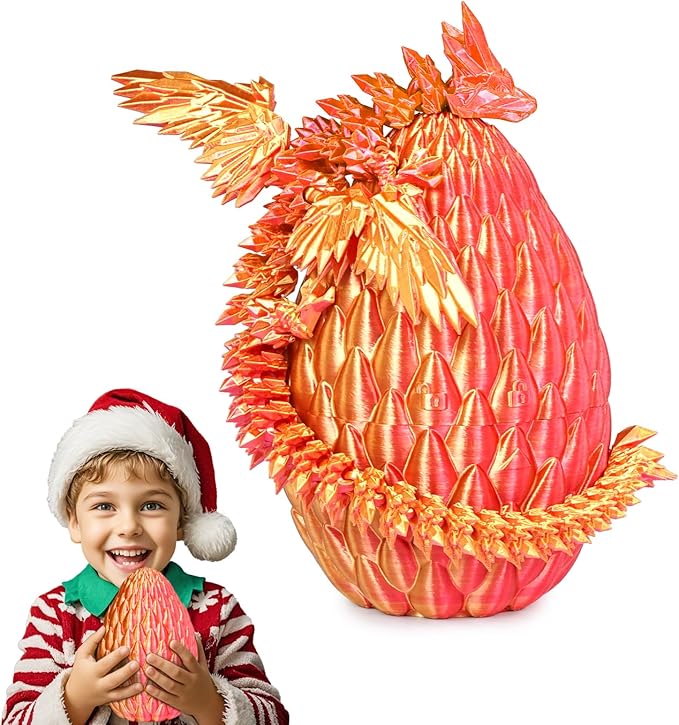 3D Printed Dragon Eggs with Articulated Fly Dragon Inside, Collectible Figurines Fidget Toy for Adults Kids Birthday Easter Christmas White Elephant Gifts for Friends Colleagues(Red Gold, L size)