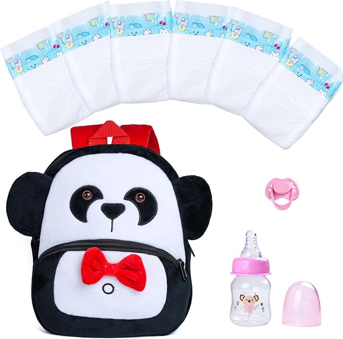 Reborn Baby Doll Diaper Bag Care and Feeding 10 Pcs Set for 17-24 inches Reborn Dolls Newborn Baby Accessories with Panda Backpack Diapers Pacifier Bottle Comb