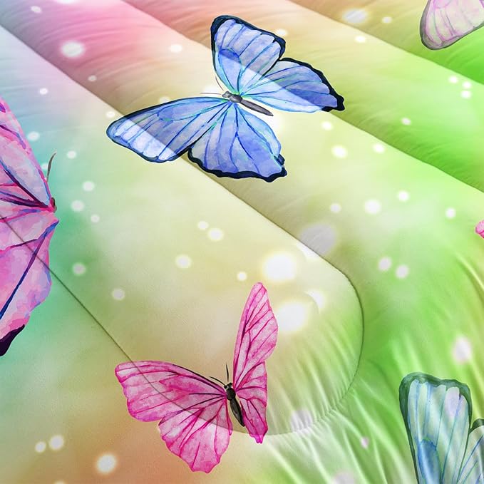 Rainbow Bedding Set with 1 Comforter and 2 Pillowcases for Boys and Girls Bedroom - Watercolor Butterfly Full