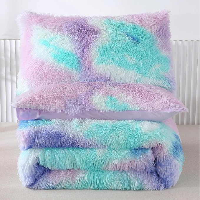 PERFEMET 3 Pcs Faux Fur Purple Comforter Set Queen Fluffy Shaggy Tie Dye Bedding Set for Girls Colorful Rainbow Ultra Soft Plush Velvet Furry Bedding Quilt Set(Purple, Queen)