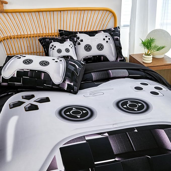 PERFEMET 6 Pcs Kids Bedding Sets for Boys Twin Size Black White Gamer Comforter with Sheet Set Soft Fluffy Gaming Bed Set Lightweight Comfy Game Bed in A Bag for All Season(White, Twin)
