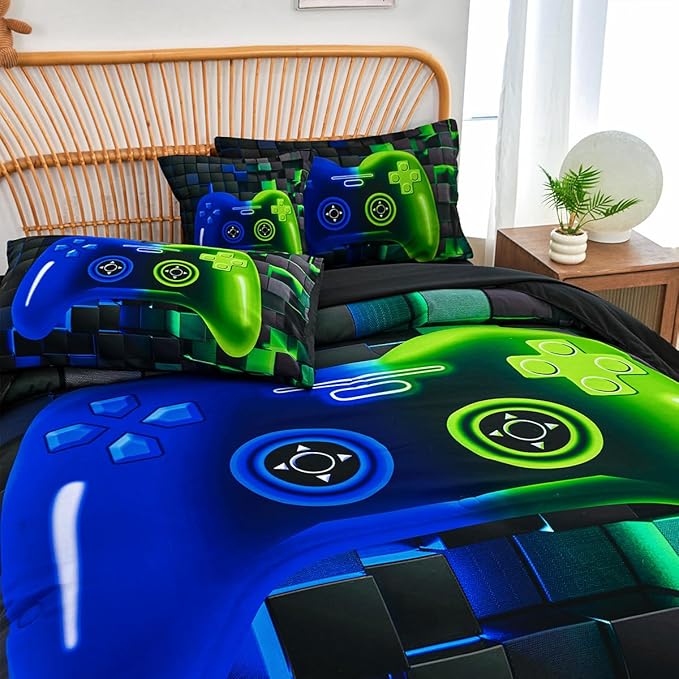 PERFEMET 6-Piece Game Full Size Bed in a Bag for Boys Blue and Green Video Gamer Bedding Set with Sheets Soft Fluffy 3D Printed Game Console Comforter Set for Kids Teen Girls(Blue Green, Full)