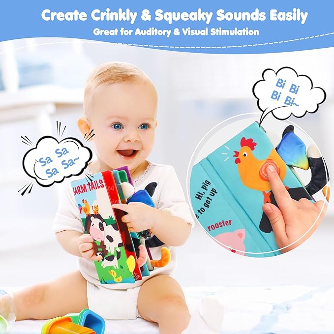 beiens Soft Toys Baby Cloth Books, Touch and Feel Crinkle Books for Babies, Infants & Toddler, Early Development Interactive Car Toys & Stroller Toys for Boys & Girls (Farm Tails-1 Book)