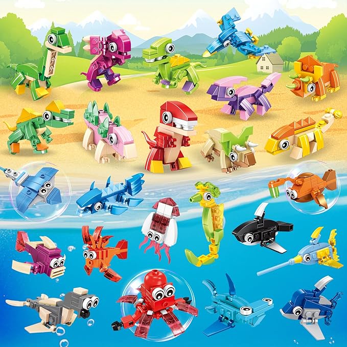 24 Party Favors Kids Building Blocks Dinosaur, Sea Animals Pool Party Favors Building Set for Birthday, Classroom Prizes,Goodies Bag Filling, Gift for Boys and Girls Ages 6-12