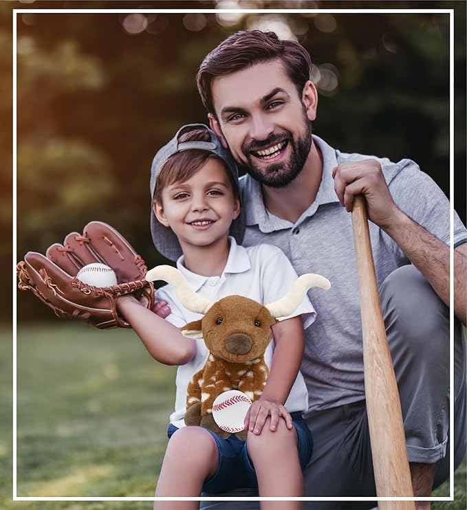 DolliBu Floppy Longhorn Stuffed Animal with Baseball Plush - Soft and Huggable Longhorn Gift, Cute Wild Animal with Plush Baseball Toy for Kids, Adults with Name Personalization - 10 Inches