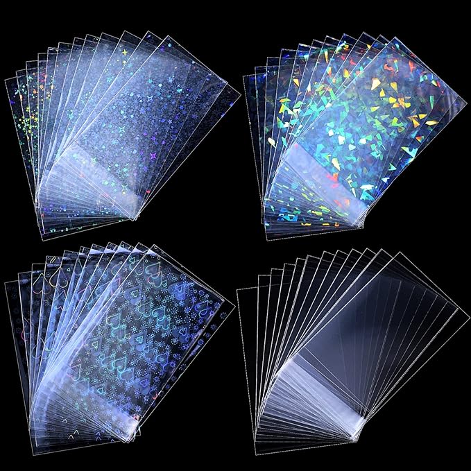 Tinlade 200 Pcs Laser Flashing Kpop Holographic Photo Card Sleeves Little Star Heart Glass Gemstone Transparent Trading Cards Sleeves 2.6 x 3.5 Inches