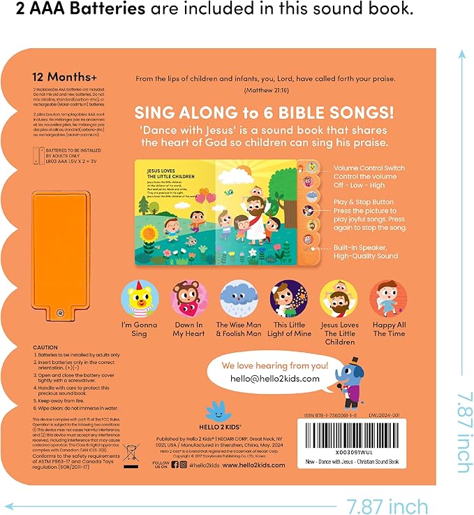 Dance with Jesus Christian Sound Books for Kids - 6 Bible Songs - Christmas, Baptism, Christening, Dedication Gifts for Boys and Girls - Religious Toys, Music Books for Toddlers 1-3