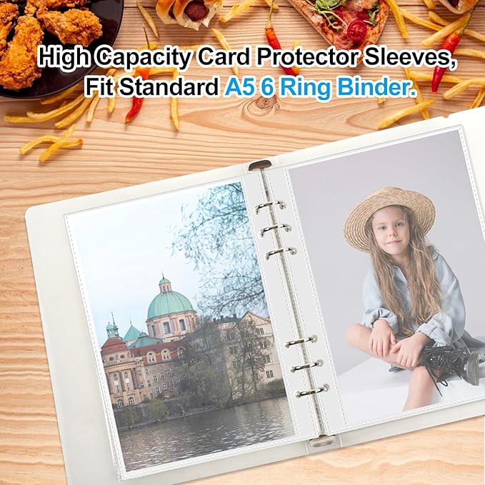 50 Pack 5x8 Clear Binder Sheets Sleeves - 6 Ring A5 Binder Inserts - Plastic Pockets for Index Cards,Photocards,Postcards,Pictures, Stickers,and Cash Organizer - 6 Hole Refill Pages Sheet Protector.