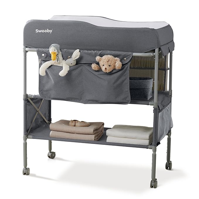 Sweeby Portable Baby Changing Table, Foldable Diaper Changing Station with Waterproof Pad, Mobile Nursery Organizer for Infant & Newborn Essentials, Dark Grey