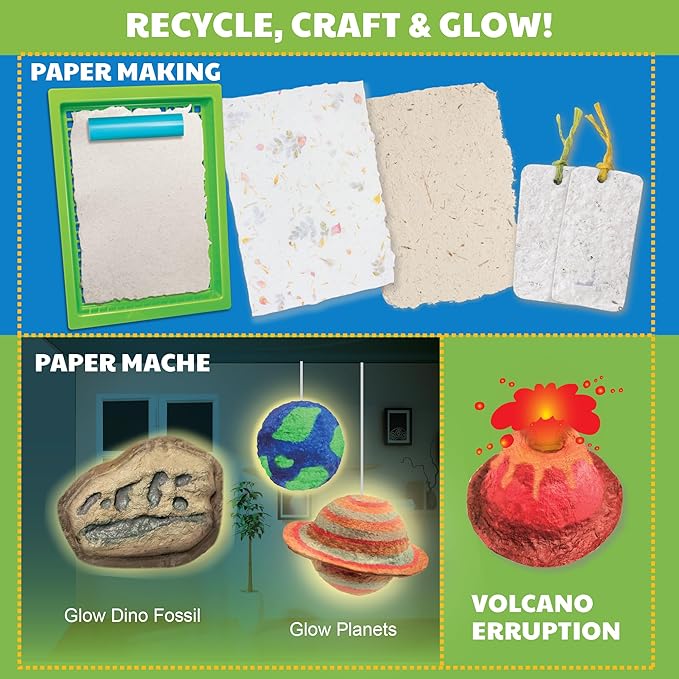 Green Science - Paper Making Kit - Recycle and Create Your Own - Paper Making Screen - Green DIY Craft Stem Toys Kit for Kids - Includes Molds, Paints, and Glow-in-The-Dark Features