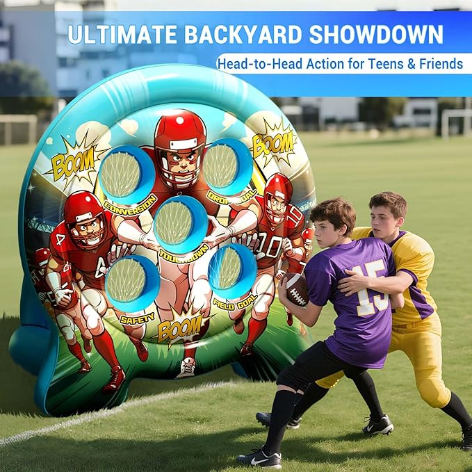 6Ft Inflatable Football Target Toss Game - Giant Outdoor Carnival Party Games for Backyard & Tailgate - Arcade Sports Toy with Electric Pump - 4 Easy-Grip Balls Gifts for Boys 3 4 5 6 7 8-12 Year Old