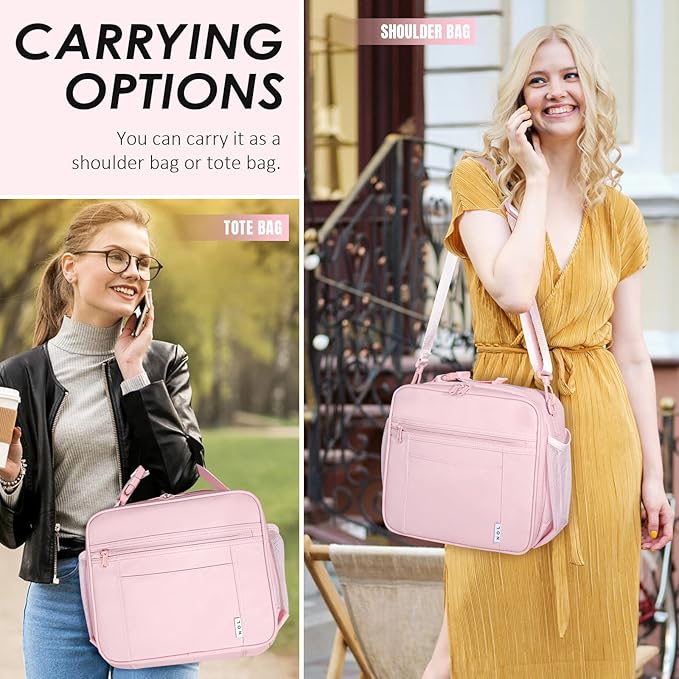 NOL Kids Lunch Bag - Kids 3+ Reusable Insulated Lunch Box with Zipper Closure Buckle Handle Adjustable Long Shoulder Strap, Easy-Clean Waterproof Fabric, Children Lunch Tote Bag for School -Pink