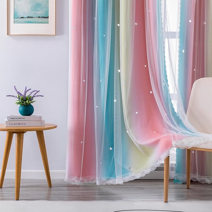 XiDi Curtains for Girls Bedroom Decro,Blackout for 84 Inches Long for Kids Room, Colorful Rainbow Style, Unicorn Wall Decor Ombre Curtains, Princess Room Pink/Blue