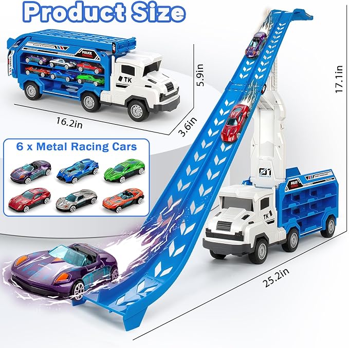 Kids Toys for 3 4 5 6 7 8 Years Old Boys, Carrier Truck Transport Car Toys, Foldable 2 Layer Car Race Track Playset with 25-in Race Track, 6 Metal Toy Cars, Birthday Toy Gift for Toddler-Blue