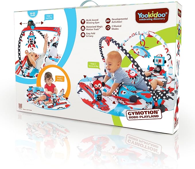 Yookidoo Baby Gym and Play Mat - 3 Stage Accessory Gym with Motorized Robot Track - 20 Development Activities - Age 0-12 Months