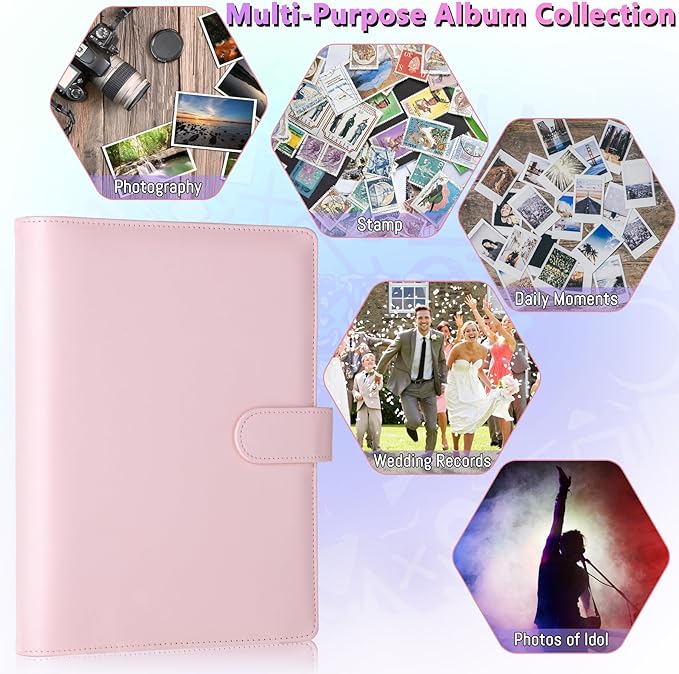Antner A5 Kpop Photocard Binder 6-Ring Card Collector Album with 40 Pack Card Sleeves, PU Leather Photocard Holder Book with Multi-Size Photo Protectors for Organizing Trading Cards, Pink A5 Binder
