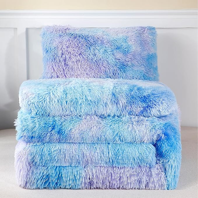 PERFEMET 3 Pcs Fluffy Faux Fur Comforter Full Size Plush Flannel Furry Blue Bedding Set Soft Tie Dye Velvet Fuzzy Comforter Set for Girls(Blue, Full)