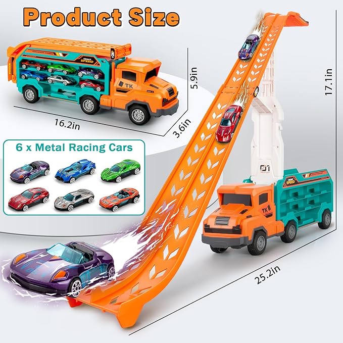 Kids Toys for 3 4 5 6 7 8 Years Old Boys, Carrier Truck Transport Car Toys, Foldable 2 Layer Car Race Track Playset with 25-in Race Track, 6 Metal Toy Cars, Birthday Toy Gift for Toddler-Orange