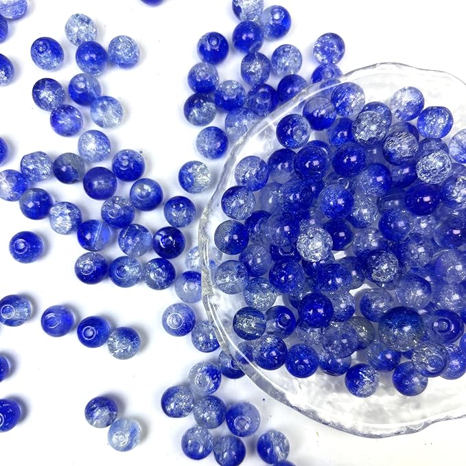 200 PCS Glass Beads, 8mm Round Crackle Crystal Bead for Jewelry Making, Loose Beads for Bracelet Craft Necklace Earring Making Wine Charms Wind Chimes, Blue
