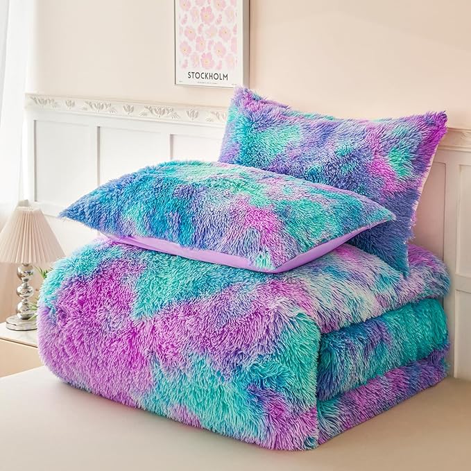 PERFEMET Fuzzy Girls Queen Size Bedding Set 3 Pieces Luxury Purple and Teal Faux Fur Fluffy Comforter for Kids Teens Ultra Soft Warm Tie Dye Velvet Plush Shaggy Bed Comforter Sets(Purple Teal, Queen)