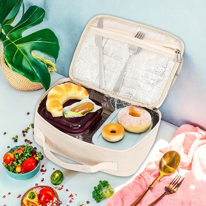 LEDAOU Lunch Bag Kids Insulated Lunch Box Girl Boy Insulated Reusable Lunch Bag for School Picnic Hiking Work (cream-coloured)