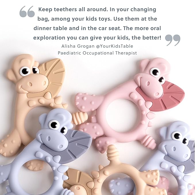 Bibado - Dotty The Dinosaur Teething Toys, Mist - Multi-Sensory Teether - BPA Free Baby Toy - Strengthen Mouth Muscles & Learn Feeding - Dentist Approved - Baby Essentials & Baby Toys - 3 Months+