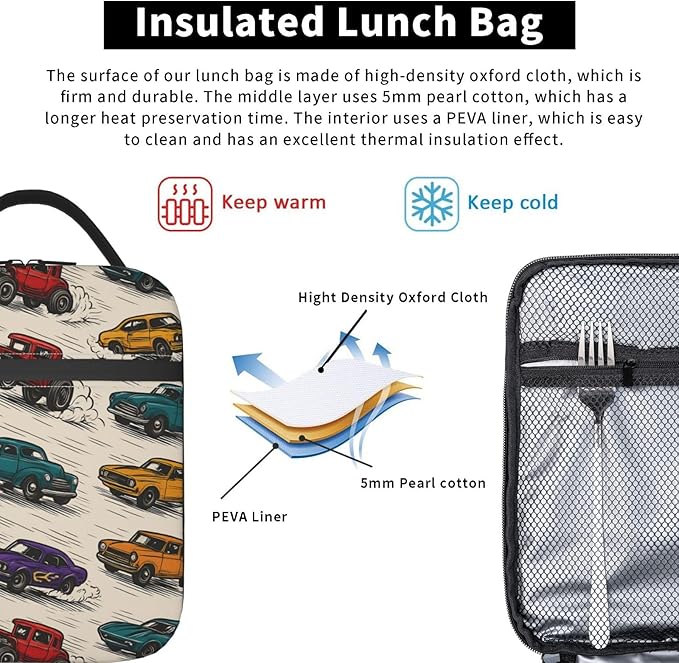 Racing Car Lunch Box for Boys Kids, Vintage Hot Rod Muscle Vehicle Reusable Thermal Insulation Cooler Tote Bags, Retro Sports Lover Insulated Bag for School Picnic Camping Outdoor Travel, Gifts