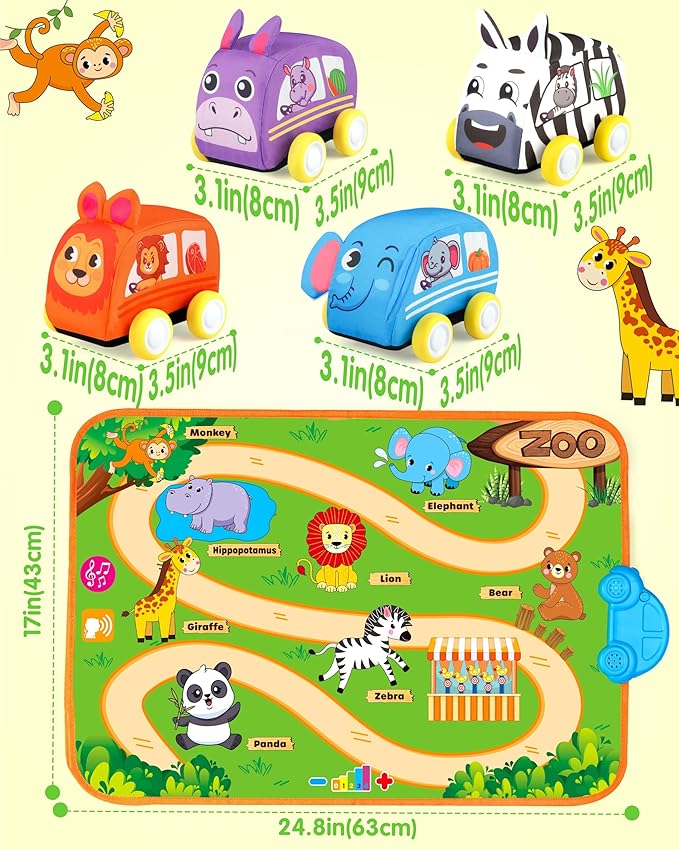 Vanmor Baby Car Toys for 12 Month Old Toys, Musical Playmat with 4 Animal Soft Pull-Back Vehiclefor 1 Year Old, Soft Baby Learning Toys 12-18 Months, 1st Birthday Xmas Gift for Toddlers