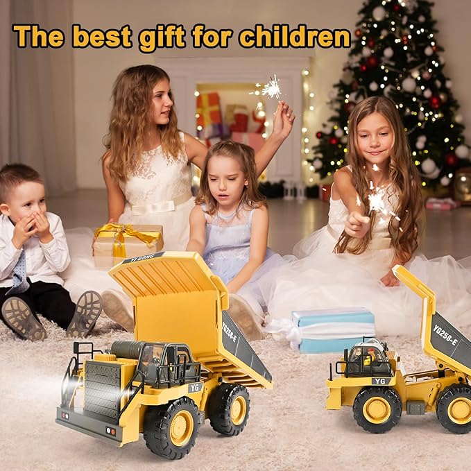 Remote Control Dump Truck Toys 9 Channel 2 Batteries RC Construction Toy Vehicles with Metal Bed Lights/Sounds, Birthday Gifts for Boys Age 3+