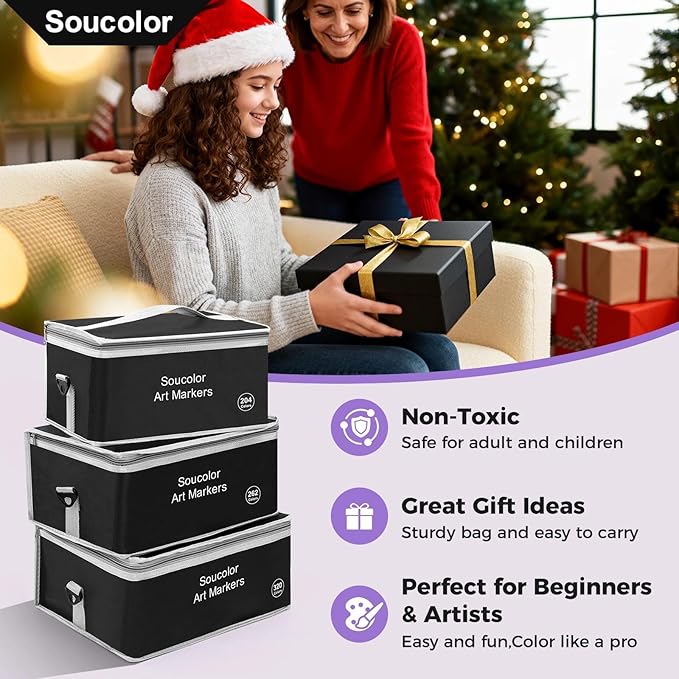 Soucolor Alcohol Markers 204 Colors with Case & Holders, Dual Tips Chisel & Fine Art Markers for Adult Coloring Kids Drawing, Artist Markers Art Supplies for Blending Sketching