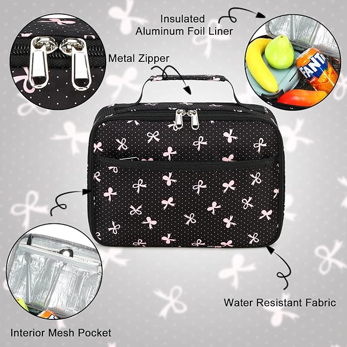 LEDAOU Lunch Box Kids Insulated Lunch Bag Girls Toddler Reusable Lunchbox for School Picnic Hiking (Black-Pink Bow)