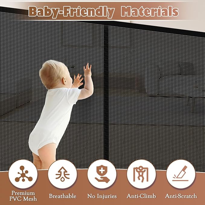 120" Retractable Baby Gate Extra Wide, 41" Tall Retractable Dog Gate for Stairs, Doorways, Decks, Mesh Gate Long Child Gate Pet Gate for Indoor, Outdoor, with Reinforced Mesh Rods, Dual Locks