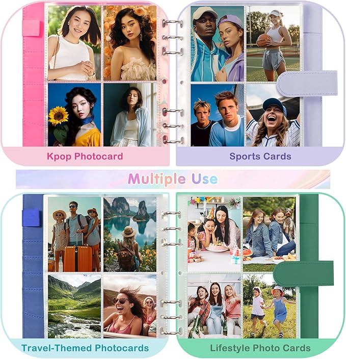 A5 Photocard Holder and Binder, PU Leather 6-Ring Album with Magnetic Closure, Includes 30 Pack 4-Pocket Pages for 240 Cards, Card Holder for Kpop, Trading, and ID Cards (Forest Green)