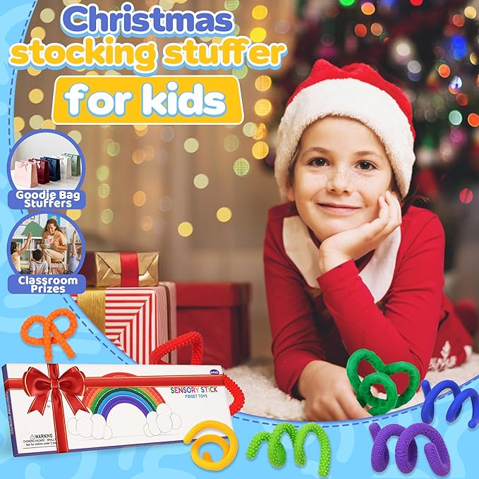 Christmas Stocking Stuffers Gift for Kids, 8Pack Fidget Toys Silicone Sensory Sticks for ADHD Autism Autistic Quiet Classroom Prize Silent Airplane Travel Car Toy Anxiety Stress Relief for Adults