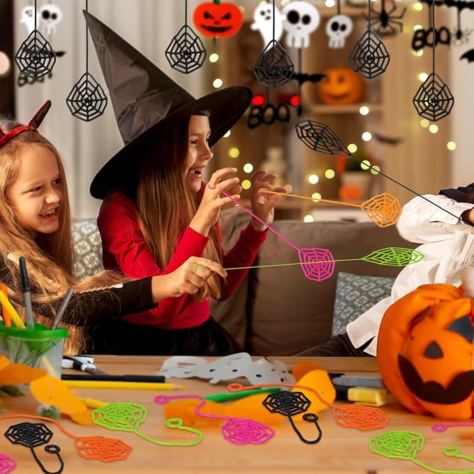24 PCS Sticky Spider Web for Kids, 5.1 Inches Cobweb Sticky Hand Toys, Halloween Spider Party Favors for Goodie Bag Stuffers, Birthday, Classroom Prizes Supplies (4 Colors)