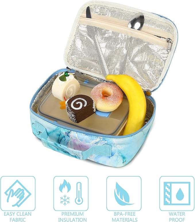 LEDAOU Lunch Bag Kids Insulated Lunch Box Girls Toddler Reusable Lunch Bag for School Picnic Hiking (Marble Blue)