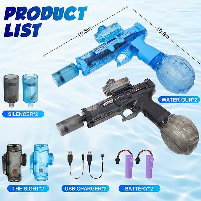 2 Packs Electric Water Gun Fire Flash Upgraded, Water Pistol Toy Squirt Gun for Kids Adults(320 Capacity Each), Summer Outdoor Toy Yard Beach Swimming Water Play Toys (Black&Blue)