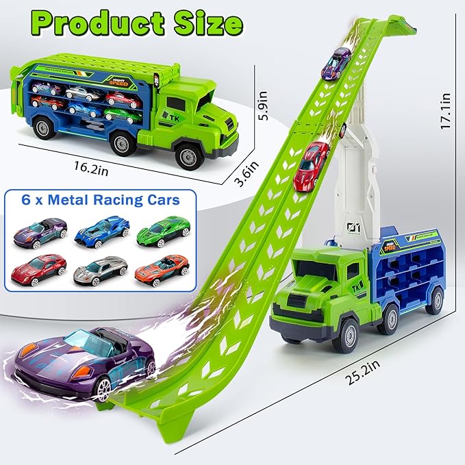 Kids Toys for 3 4 5 6 7 8 Years Old Boys, Carrier Truck Transport Car Toys, Foldable 2 Layer Car Race Track Playset with 25-in Race Track, 6 Metal Toy Cars, Birthday Toy Gift for Toddler Boys Girls