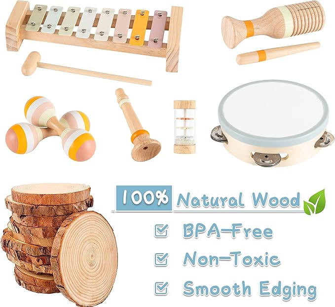 VINJOE Baby Musical Instruments - Montessori Musical Toys for Toddlers 1-3, Neutral Colors Wooden Instruments Set for Kids Preschool Educational 3+ Early Learning Musical Toys Birthday Gifts