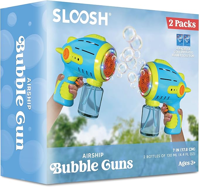 Sloosh 2 Packs Bubble Gun for Kids with 10 Holes, Bubble Machine Gun for Toddlers 1-3, Automatic Light Up Airship Blower with 2 Bottles 4 Bags Refill Solution, Summer, Outdoor Toy, Party, Easter, Gift