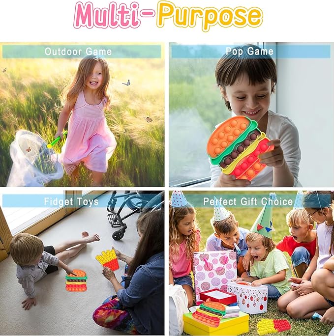 3 Pcs Fidget Sensory Toys, Push Bubble Poppers Hamburger French Fries Drinks Bulk Sets,Silicone Stress Relief Toy for Toddler Kids Boys Girls Adults,Birthday Gifts Party Favors,Classroom Prizes